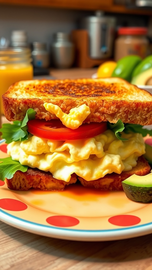 Quick egg sandwich with scrambled eggs, lettuce, and tomato on toasted bread, served with avocado slices.
